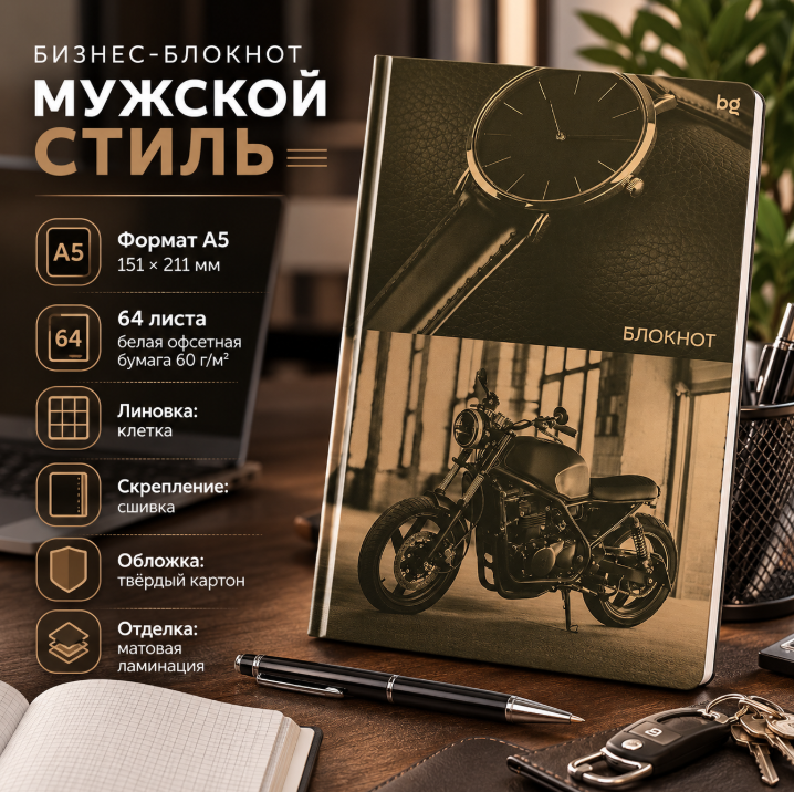 Бизнес-блокнот А5, 64л., евроформат, BG "Мужской стиль", матовая ламинация, клетка