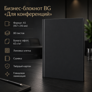 Бизнес-блокнот А5, 80л., BG "Для конференций", черный, глянцевая ламинация