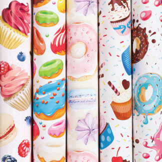 Бумага упаковочная мелованная "Sweets" 70x100 см, 5 дизайнов ассорти, ЗОЛОТАЯ СКАЗКА, 591596