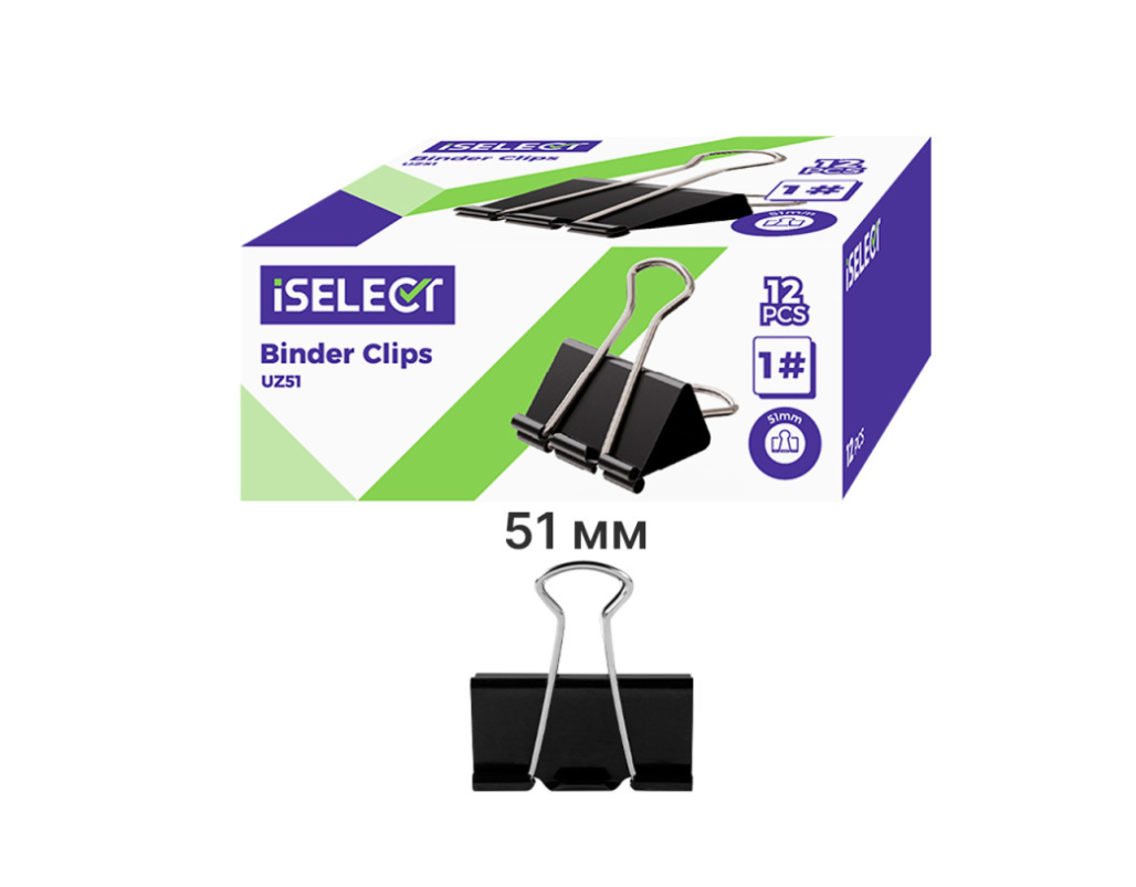 Зажимы для бумаг i Select "Z51", 51 мм, черные, (12 шт.)
