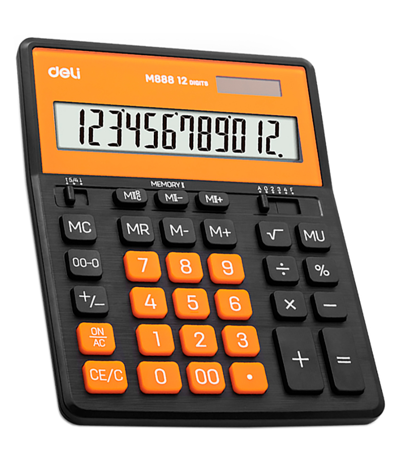 Калькулятор настольный DELI "М888" 12 разрядный, 202х159х31 мм, черный/оранжевый
