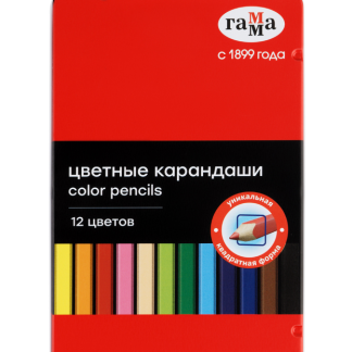 Карандаши цветные Гамма, 12цв., квадратные, заточен., метал. пенал