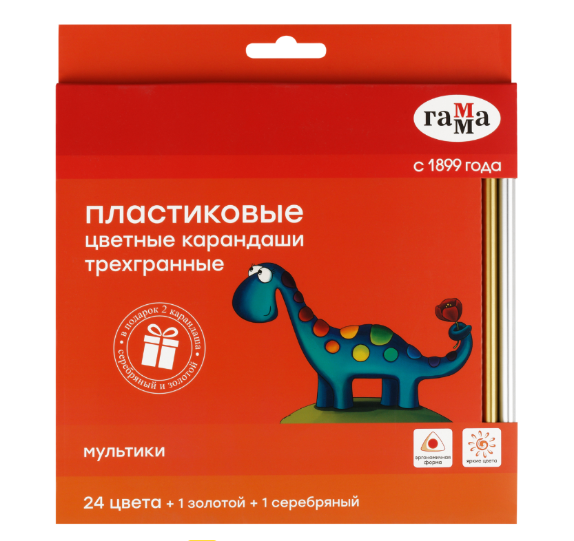 Карандаши цветные пластиковые Гамма "Мультики", 24цв.+1 золотой +1 серебряный, трехгранные, заточен, европодвес 19012324