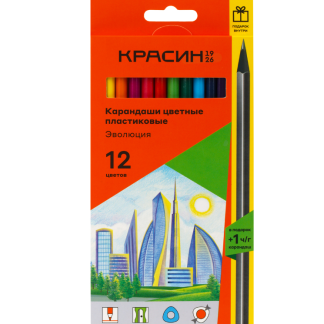 Карандаши цветные пластиковые Красин "Эволюция", 12цв.+1 ч/г HB, заточен., картон, европодвес