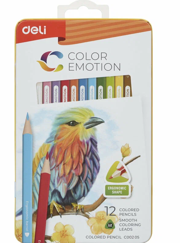 Карандаши цветные Deli "Color Emotion", 12 цветов, дерево, метал. пенал
