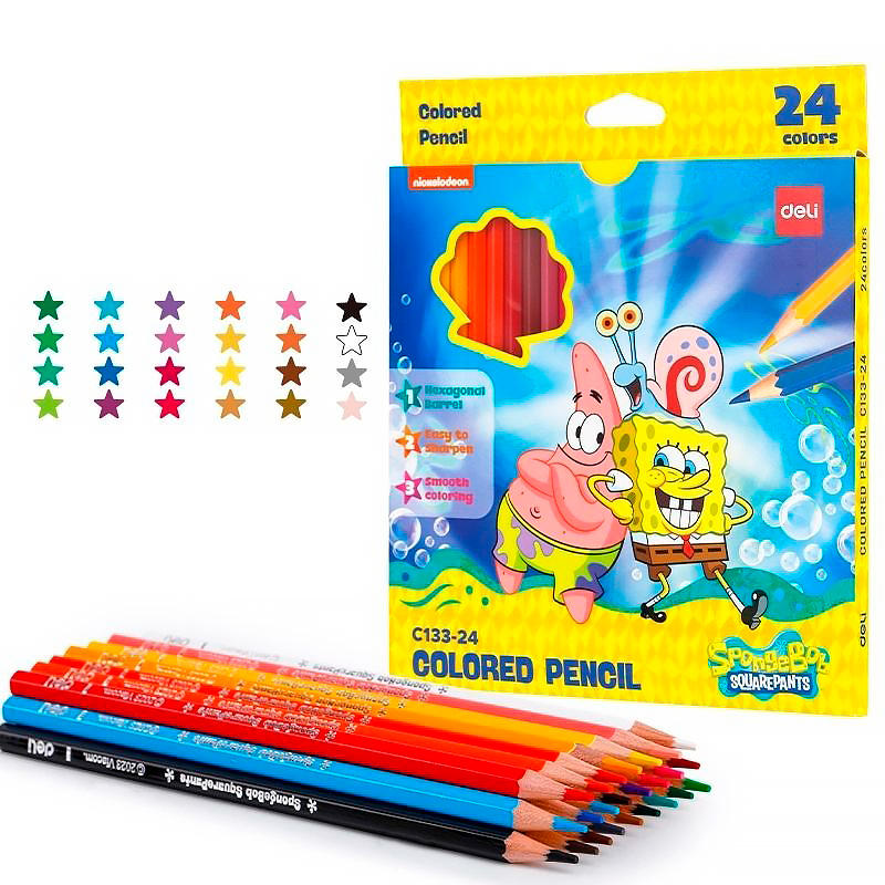 Карандаши цветные Deli "SpongeBob", 24 цветов, дерево, картон