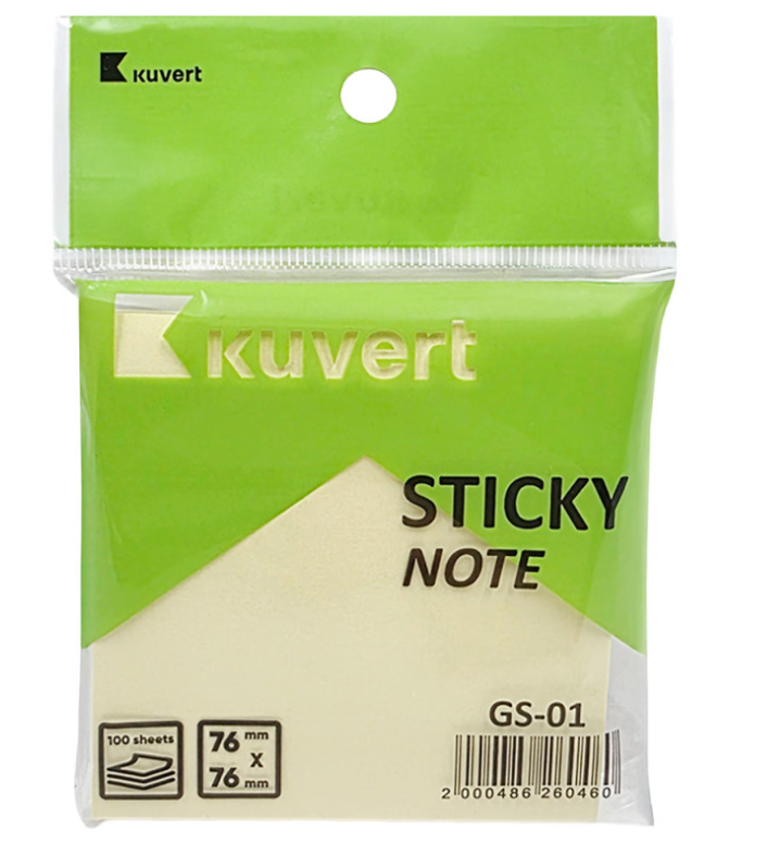 Клейкие листики KUVERT "Sticky" 76 х 76 мм, желтые, 100 листов