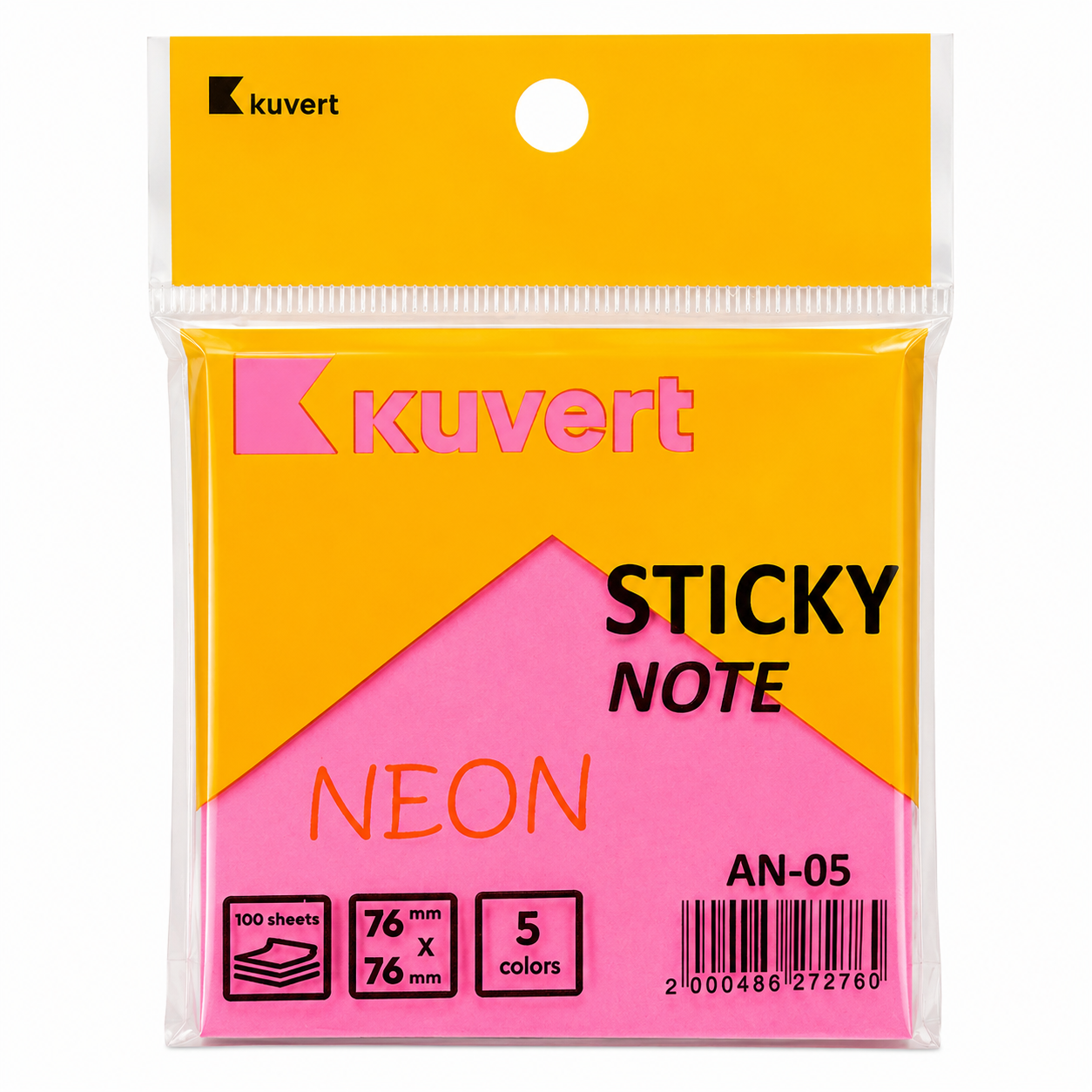 Клейкие листики KUVERT "Sticky" 76х76 мм, 5 неоновых цветов, 100 листов