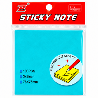 Клейкие листики "Sticky" 76 х 76 мм, неон-голубой, 100 листов