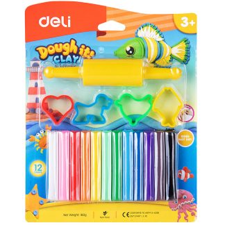 Пластилин Deli "DOUGH IT!" 12 цветов, 160 гр., формы+скалка, блистер с европодвесом