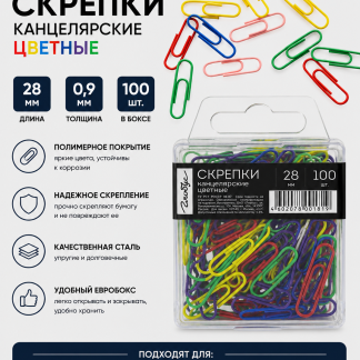 Скрепки L28 мм 100 шт., пластик. коробка, европодвес, цветные С28-100П