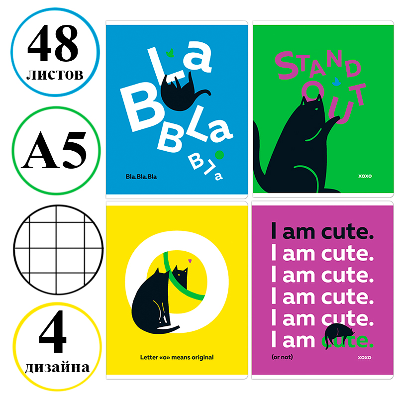 Тетрадь общая MESHU "Сhatty cat", А5, 48 листов в клетку, матовая ламинация, выб. лак, на скрепке