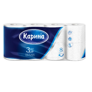 Туалетная бумага Карина 3-х слойная 8 рулонов
