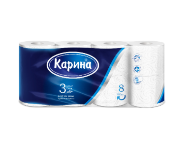 Туалетная бумага Карина 3-х слойная 8 рулонов