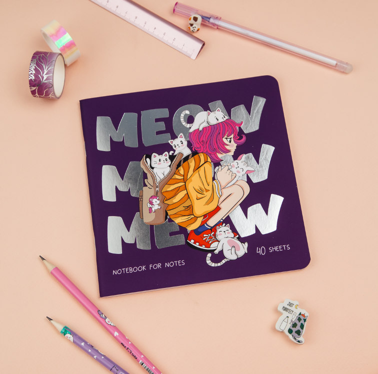 Записная книжка 170*170мм 40л. на скрепке MESHU "Meow", soft-touch ламинация, тиснение фольгой, блок без линовки, 80г/м2 MS_53366