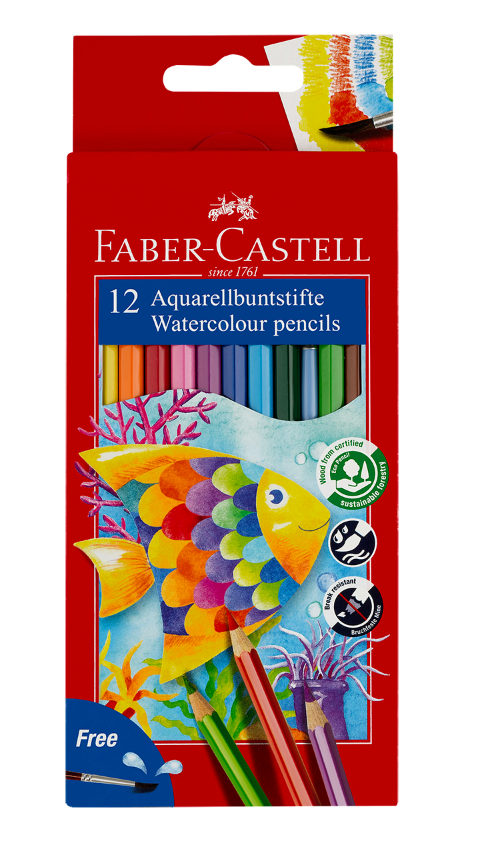 Карандаши акварельные Faber-Castell, 12цв+кисть, картон, европодвес 114413